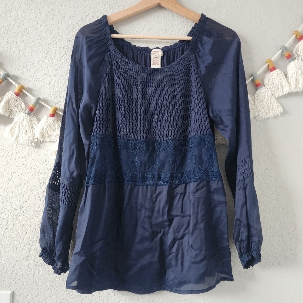 Sundance Belle Monde Navy Crochet Floral Semi Sheer Top Boho Modest Contemporary